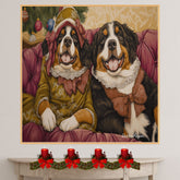 Christmas Canvas  - Bernese Elegance - Sophisticated Bernese Mountain Dogs Lounging on a Vintage Red Ornate Sofa on Ready to Hang 1.5" Thick Canvas Wrap, Floating Framed Canvas, Flat Rolled Canvas